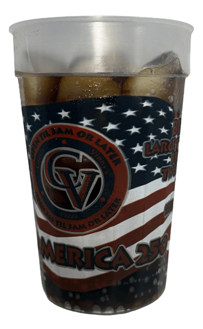 Plastic cup with cola, featuring an American flag and Cousin Vinny's Gourmet Pizza logo.