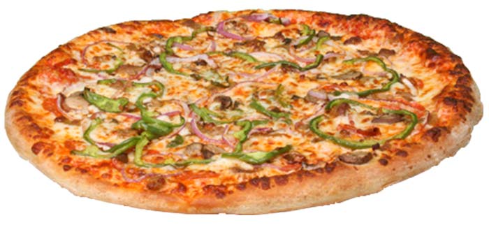 The Cousin Vinny's Deluxe Pizza now available in Muncie is topped with pepperoni, mushroom, red onion, sausage, green pepper & extra cheese